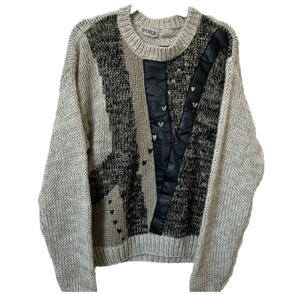Vintage Get Worn‎ Chunky Knit  Faux Leather Detail Grandpa Sweater